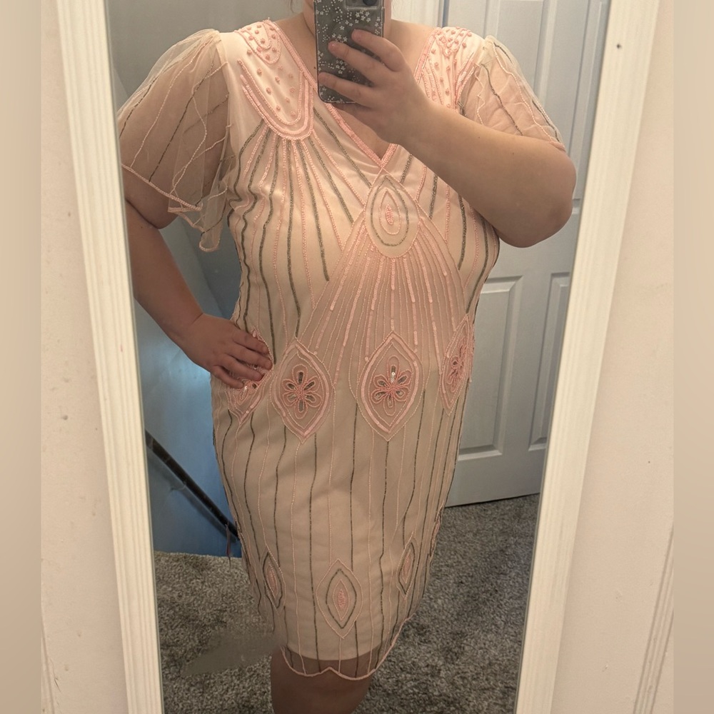 Pink Beaded Art Deco Midi Dress with Sheer Short Sleeves